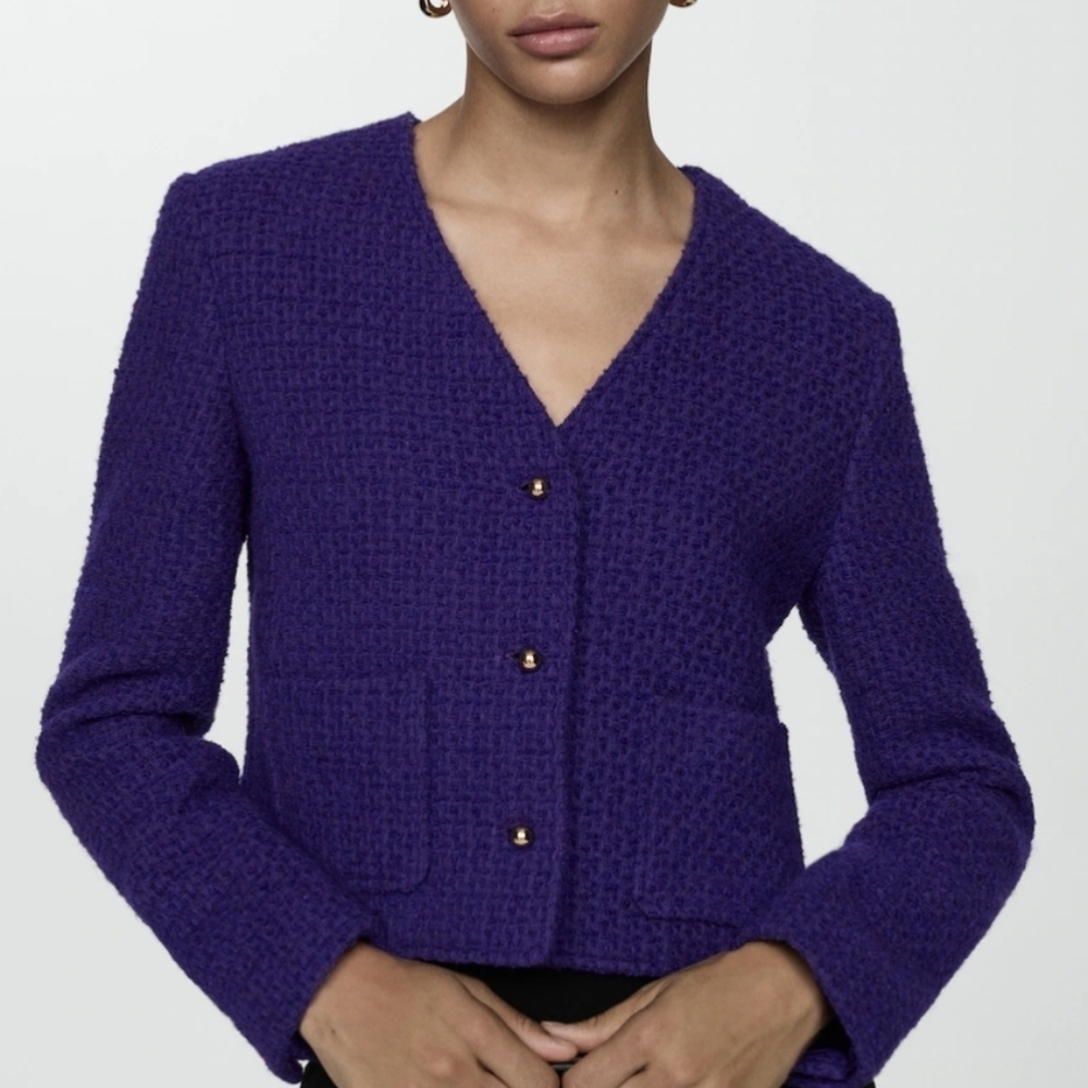Mango Purple V Neck Tweed Jacket
